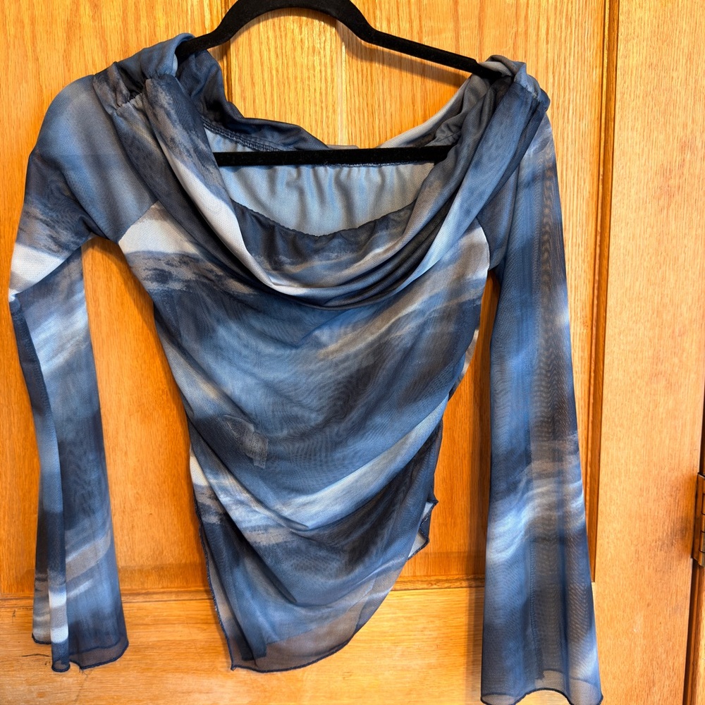 SHEIN Blue and Gray Sheer Women's Blouse